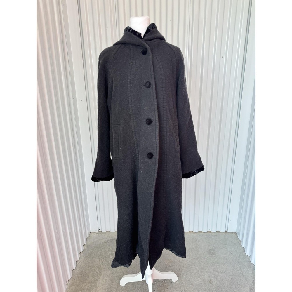 SANDRO Coat Womens 10 Black 100%‎ Wool Hooded Ruffle Trim Long Button Overcoat
